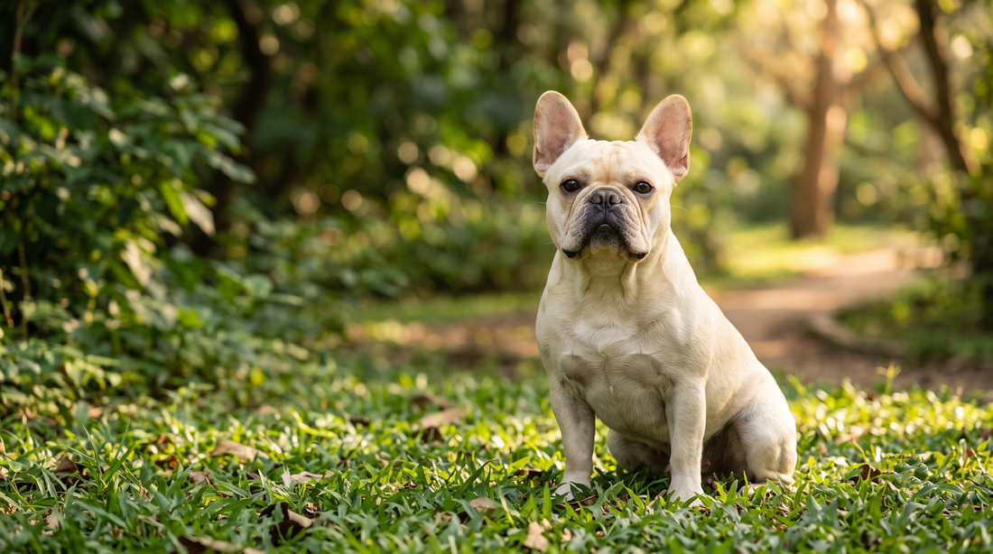 A light-colored French Bulldog sitting attentively on a patch of green grass in a sunlit park, looking directly at the camera.