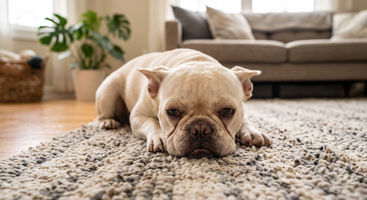 The French Bulldog lay on the carpet, furrowing his brow with a pitiful expression, as if he were in pain.