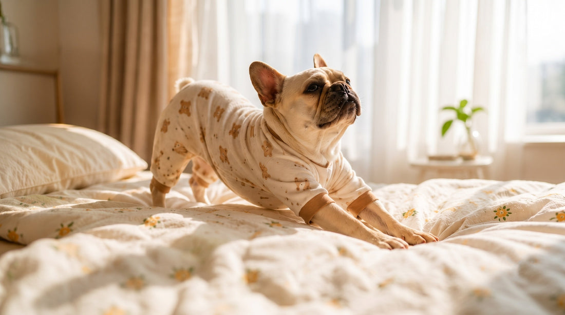 A fawn French Bulldog wearing teddy bear pajamas stretching on a bed in a sunlit room.