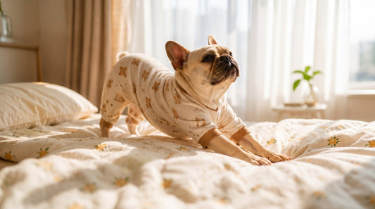 A fawn French Bulldog wearing teddy bear pajamas stretching on a bed in a sunlit room.