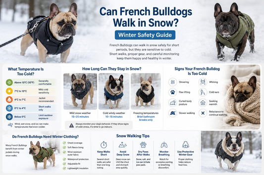 Winter safety infographic explaining how French Bulldogs can safely walk in snow, including cold temperature guidelines, snow walk duration, winter clothing tips, and signs of cold stress.  