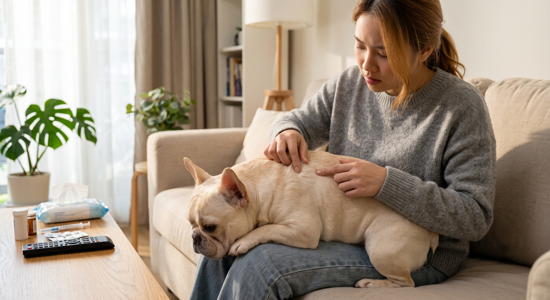 An owner gently checking the healthy fur on a cream French bulldog's back while it rests on a living room sofa.