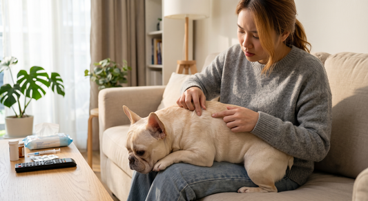 An owner gently checking the healthy fur on a cream French bulldog's back while it rests on a living room sofa.