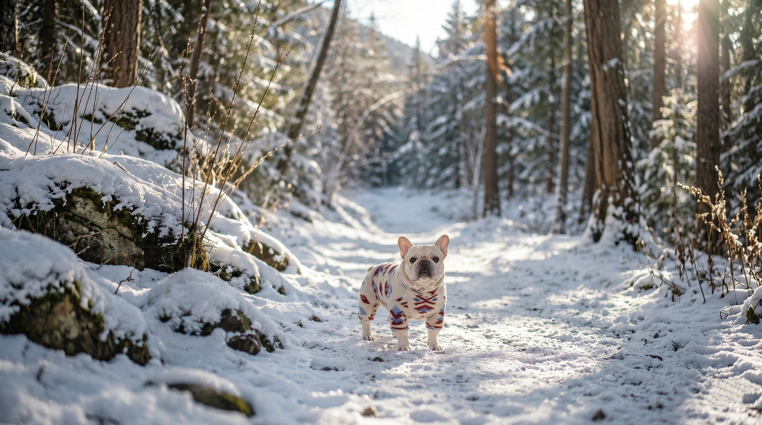 A French Bulldog standing on a snowy forest path wearing a warm, patterned Chenpi winter dog suit.