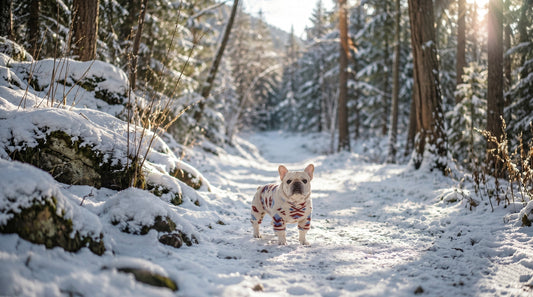 A French Bulldog standing on a snowy forest path wearing a warm, patterned Chenpi winter dog suit.