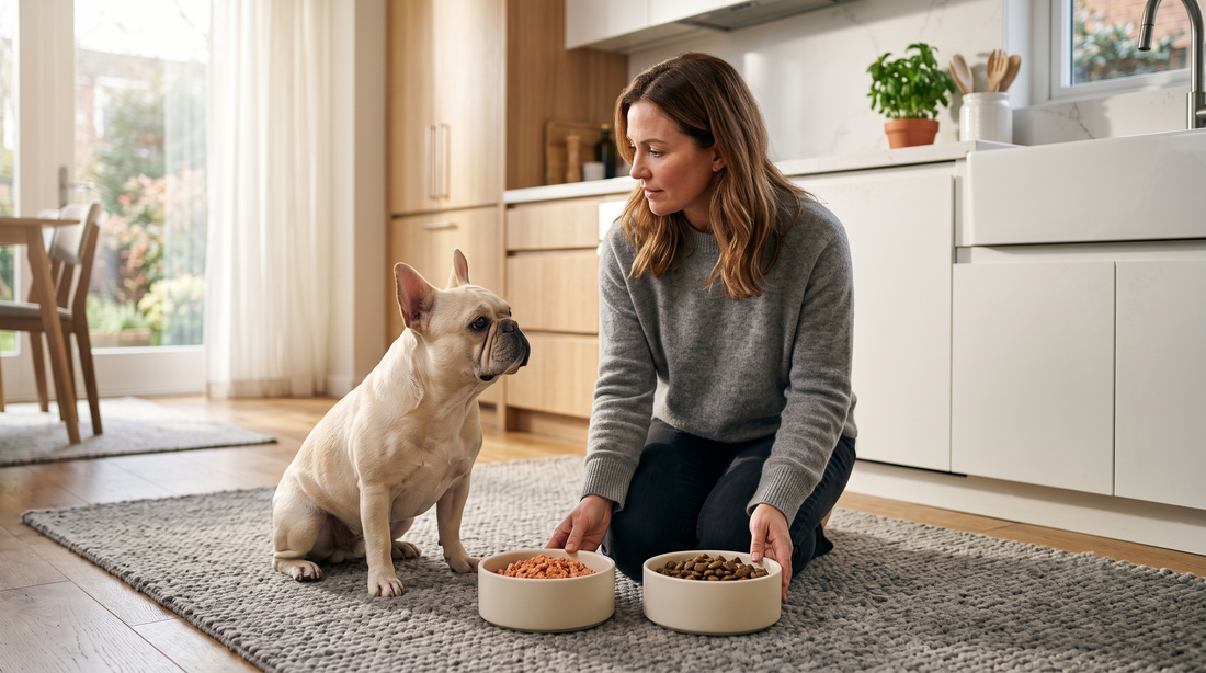 In a bright modern kitchen, a female owner kneels on a rug observing her cream French Bulldog next to two unbranded bowls filled with different flavors of dog food.
