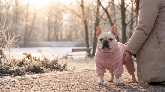 A cream French Bulldog wearing a cozy pink fleece four-legged suit stands in a frosty winter park next to its owner in soft morning sunlight.