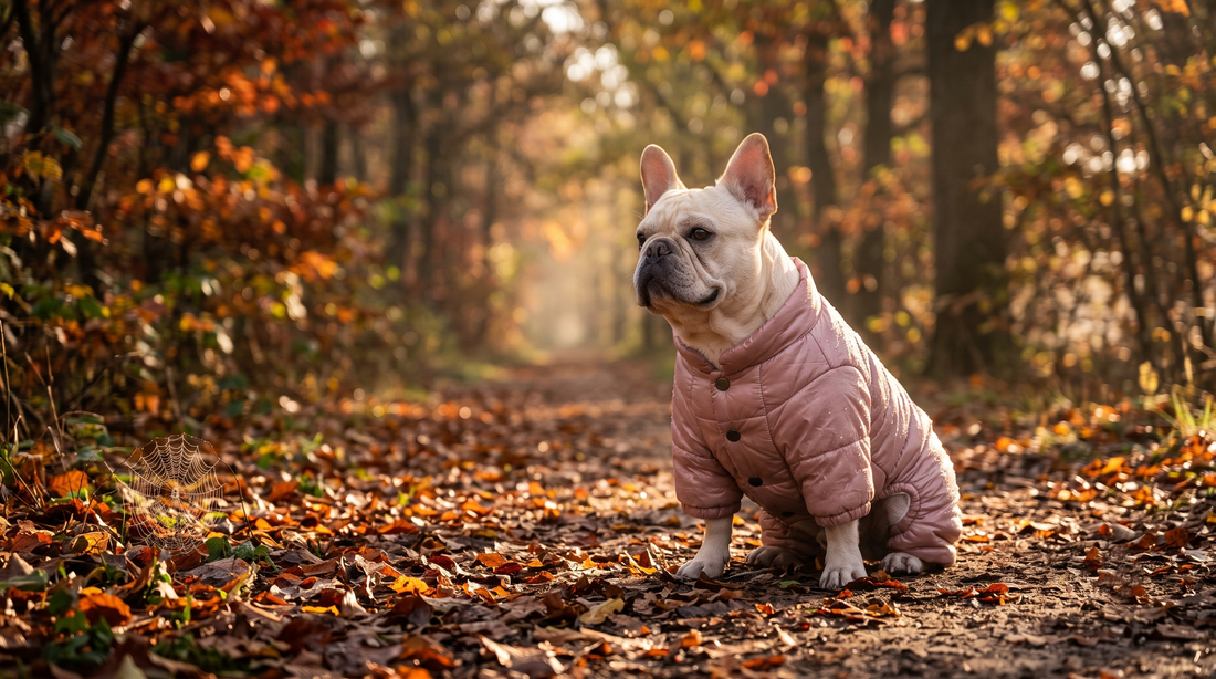 A cream-colored French Bulldog wearing a pink, buttoned waterproof puffer winter jumpsuit sits quietly on a serene autumn path covered with fallen leaves. Warm sunlight filters through the trees with a soft-focus forest background.