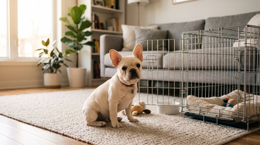 A cream French Bulldog puppy sits on a white shag rug in a living room, in front of a grey sofa, bookshelf, and plants. A wire crate with an open door is on the right.