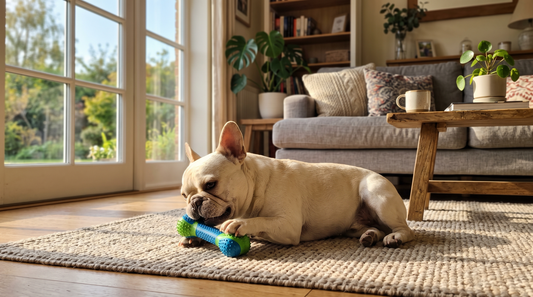 A French Bulldog chewing a toy in a sunlit living room