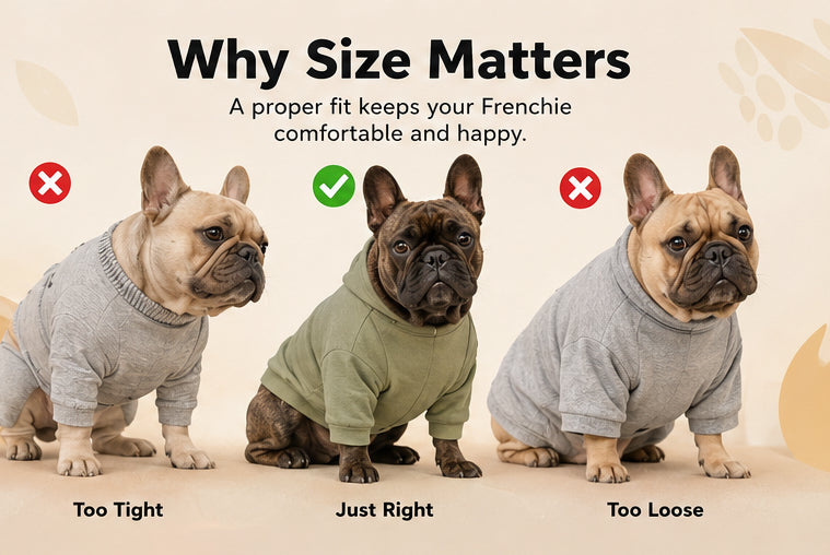 French Bulldog clothing fit guide illustrating why size matters, showing examples of hoodies that are too tight, just right, and too loose.
