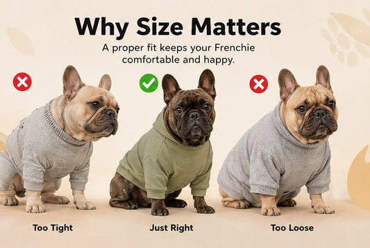 French Bulldog clothing fit guide illustrating why size matters, showing examples of hoodies that are too tight, just right, and too loose.