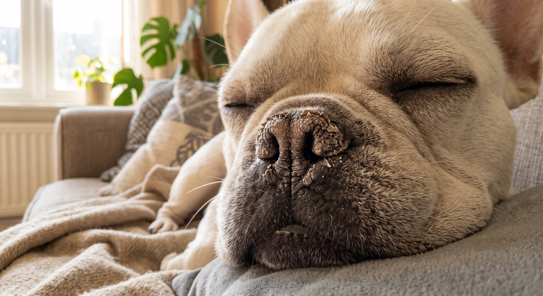 French Bulldog with a slightly dry nose resting comfortably at home before daily nose care.