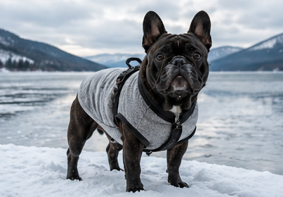 French Bulldog wearing a gray winter vest near a snowy lake during cold weather