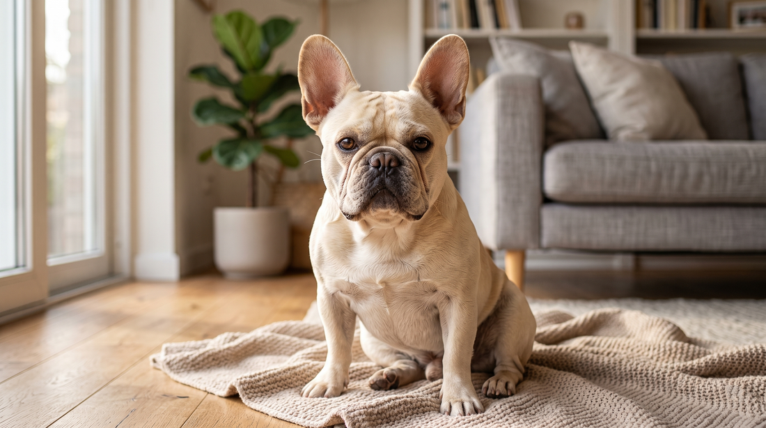 A cream French Bulldog sitting calmly in a living room, showcasing healthy bat ears and relaxed face for routine ear health care.