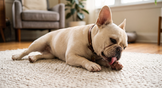 A light-colored French Bulldog lying on a textured white rug in a living room, licking its front paw.