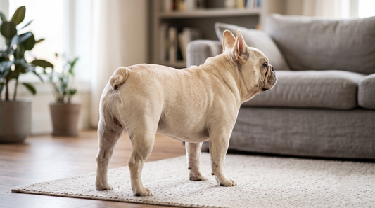 A cream French Bulldog standing indoors, showing its natural screw tail and compact body for routine tail pocket hygiene inspection.