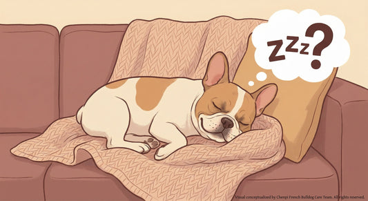 A fawn French Bulldog sleeping on a brown sofa, with a thought bubble showing a 'Z' and a question mark, illustrating the difference between normal snoring and BOAS symptoms.