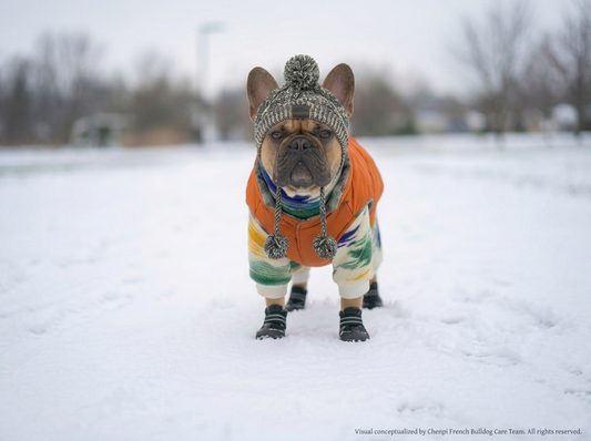 A French Bulldog standing in deep snow wearing a complete winter outfit, including a colorful patterned sweater, a bright orange puffer vest, a grey knit pom-pom hat with ear holes, and black protective winter dog boots.