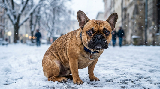 French Bulldog shivering in snow on a cold winter street safety guide