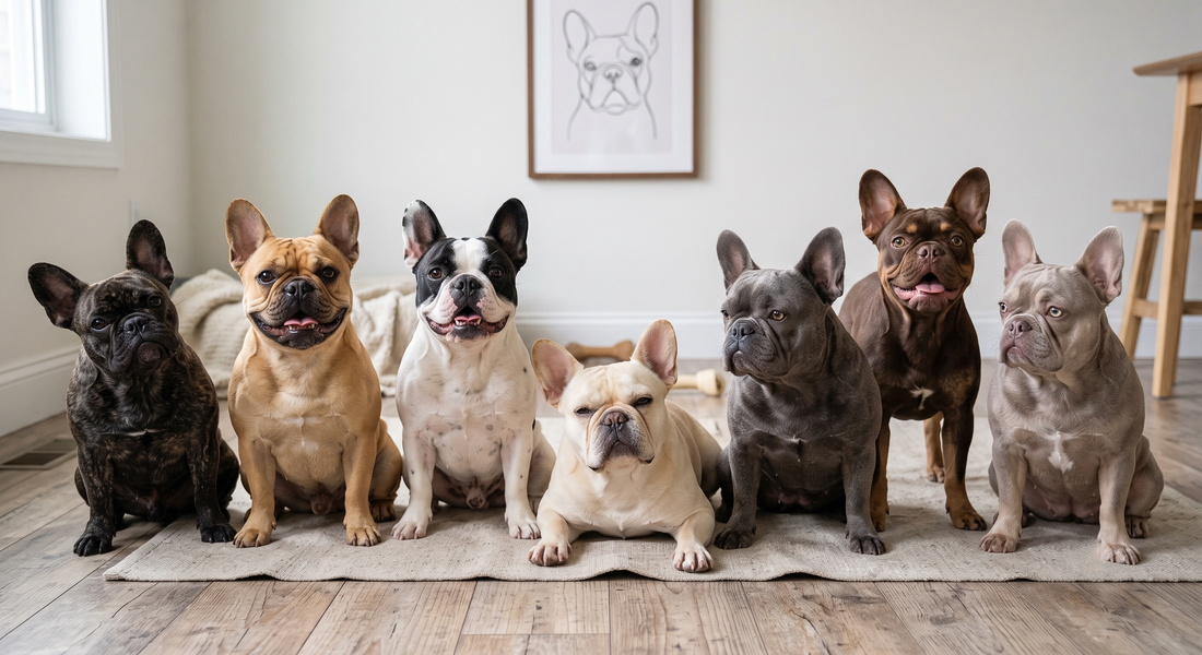 A group photo of seven French bulldogs in various colors including brindle, fawn, pied, cream, blue, and chocolate, sitting and lying together on a rug.