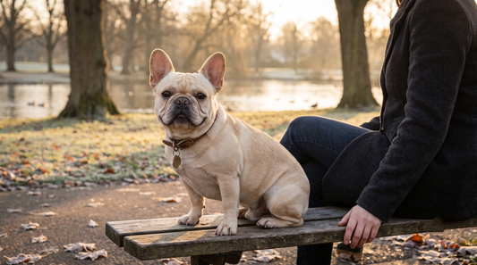 a cream French Bulldog sitting calmly beside its owner in a peaceful park during golden hour, the dog looking happily toward the camera