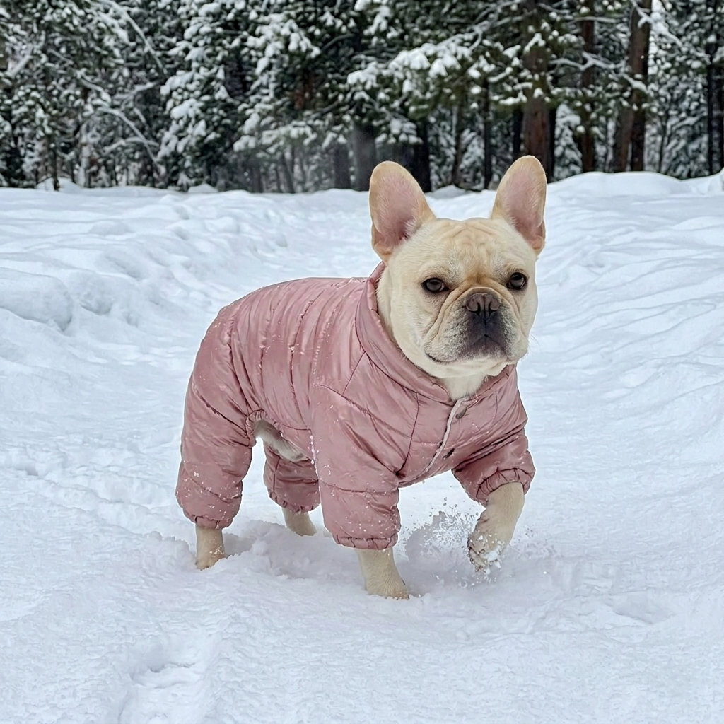 A realistic buyer show photo of a cream Frenchie wearing a dusty pink high-neck shiny puffer onesie. The dog is walking in deep snow with its mouth closed, set against a natural winter forest background.