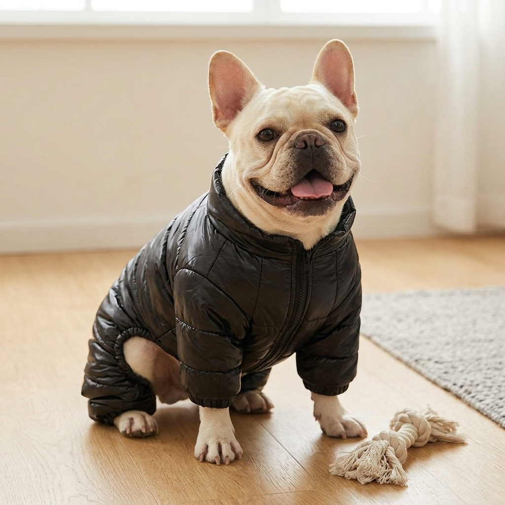 A lifestyle shot of a cream French Bulldog wearing a black shiny four-legged puffer coat with a zipper. The dog is sitting on a wooden floor in a clean, minimalist indoor setting with soft natural lighting.