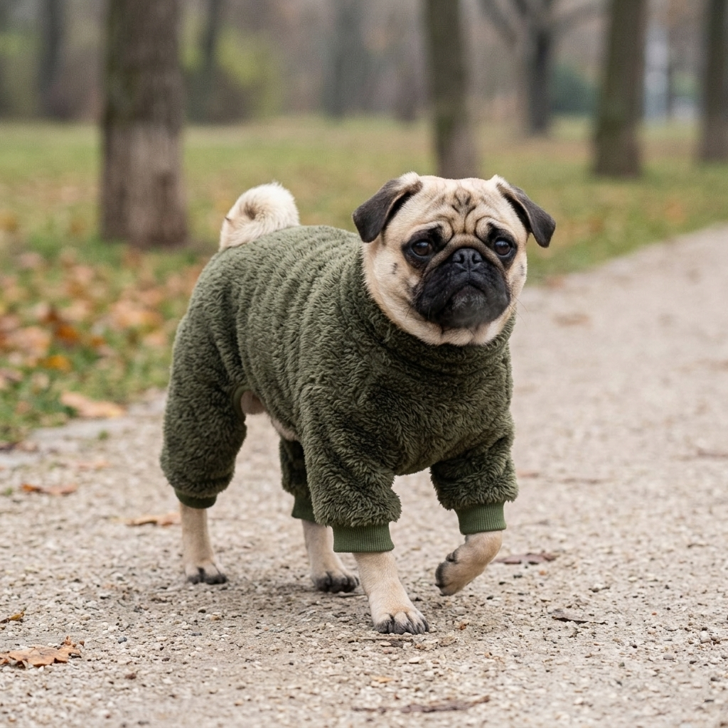 A Pug wearing a thick olive green sherpa fleece four-legged jumpsuit, walking on a park path during a 10°C autumn day. The background is simple with soft-focus trees and fallen leaves.