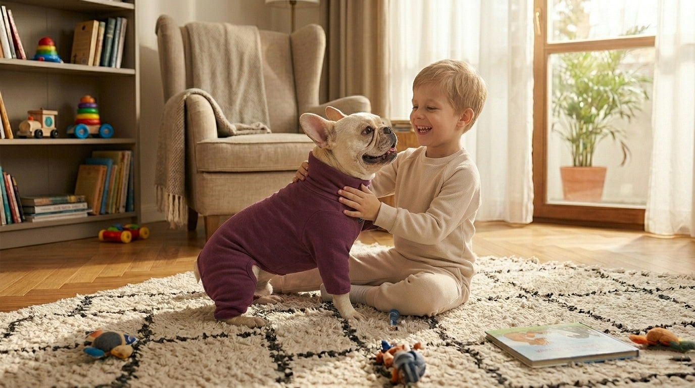 A heartwarming indoor horizontal photograph featuring a smiling 8-year-old blond boy in beige loungewear sitting on a shaggy rug, playfully interacting with a French Bulldog wearing a burgundy high-neck onesie (no side zippers). The boy and dog are looking happily at each other, in a cozy home setting with bookshelves, an armchair, and a sunlit window in the background.